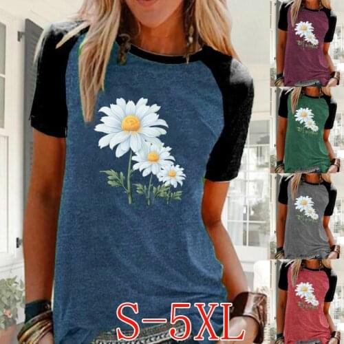 Womens Summer Daisy Flowers Printed Short Sleeve Round Neck T-shirt Casual Raglan Shirt Loose Blouse Tops