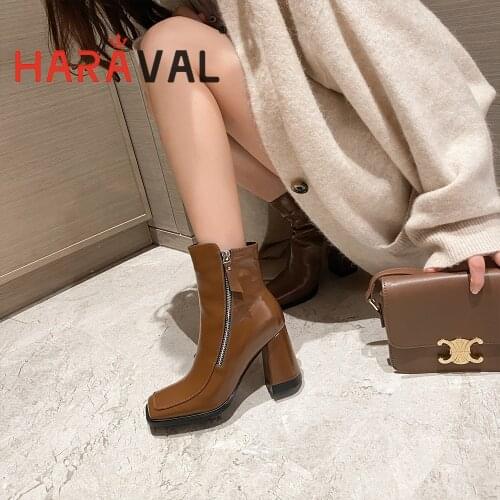 HARAVAL Women Ankle Boots Shoes High Heels Black Brown White Solid Genuine Leather Fashion Elegant Brown Black White Shoes E416L
