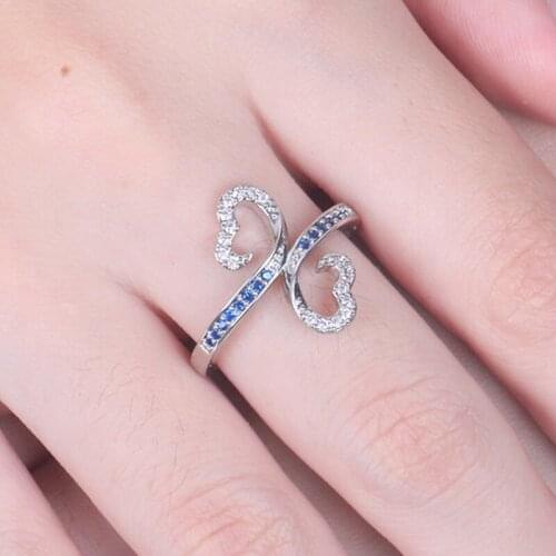 2020 Designer Double Heart Blue White Zircon Promise Rings For Women Silver Color Female Jewelry Wedding Party Valentine Gifts