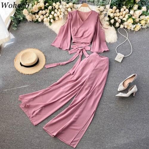 Woherb Bandage Cropped Cardigan Blouse Women Two Pieces Set Wide Leg High Waist Pants Female Summer Elegant Solid Suit Outfits