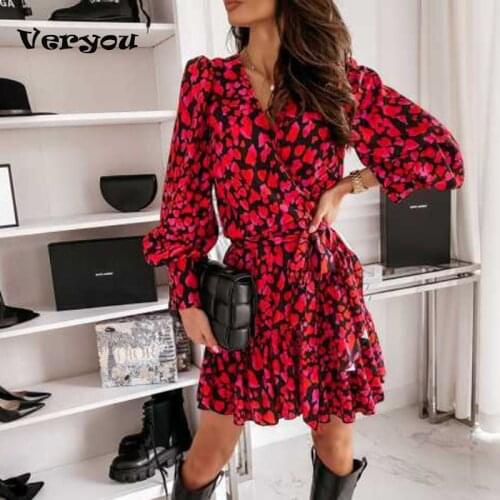 Elegant Women Heart Print Mini Shirt Dress Sweet New Ruffle Spring Autumn A-Line Dress Casual V-Neck Button Party Dress Vestidos