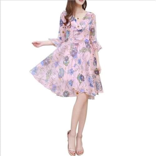 Sweet Chiffon Fashion Print Women Dress 2018Summer Top V-Neck Butterfly Sleeve Women Empire Half A-Line Dress Slim Women TopQ139
