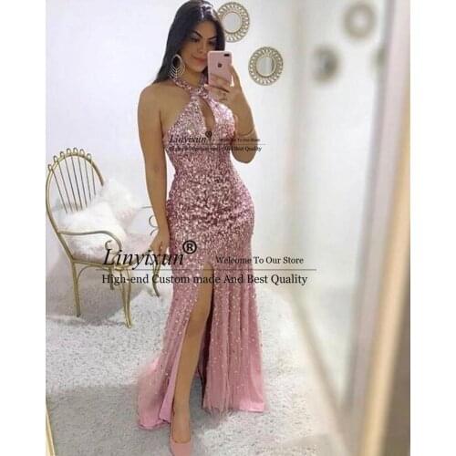 2019 sexy Mermaid Prom Dresses sequined sexy hater neck side split evening formal gowns custom made cheap long prom dress