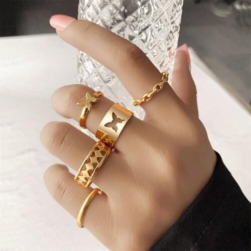 FNIO Vintage Punk Gold Rings For Women Charms Geometric Butterfly Snake Gold Chain Rings Set Bohemian Jewelry Accessories