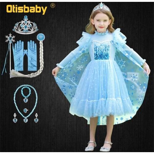 Winter Girls Princess Elsa Costume Snow Queen Boutique Knitting Dress Sequins Tulle Tutu Dress Kids Party Blue Sweater Dresses