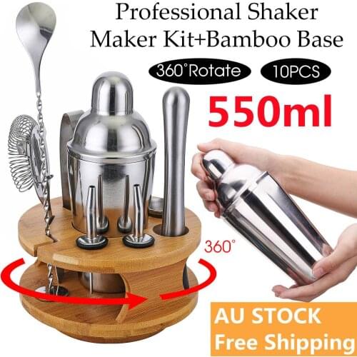 10pcs 550ml Mojito Cocktail Bar Shaker Mixer Maker Muddler Barware Stainless Steel Bar Sets Bartender Tools with Bamboo Stand