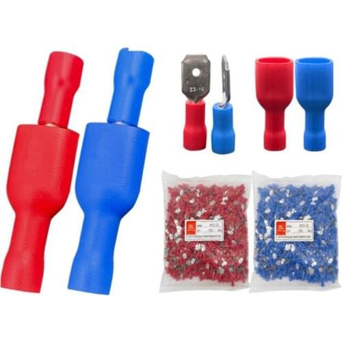 100pcs 50pairs 6.3mm 16-14AWG Female Male Electrical Wiring Connector Insulated Crimp Terminal Spade Blue red FDFD2-250 MDD2-250
