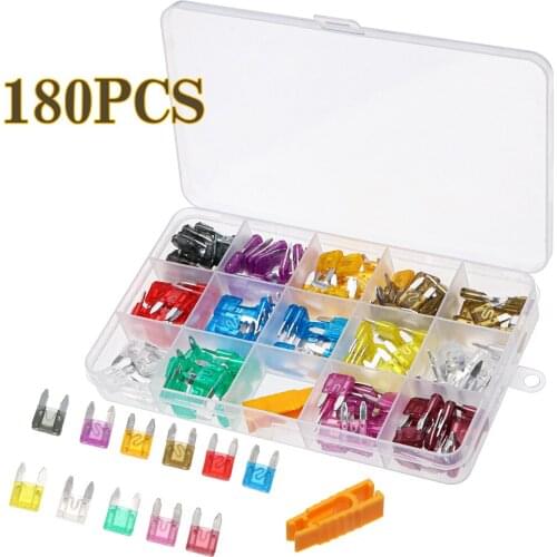 180pcs Mini Car Blade Fuse Assorted Automotive Fuses Kit Standard Extrator Set 2AMP-40AMP For Car Motorcycle 16mm x 11mm