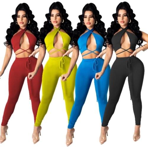 Adogirl Woman Criss-cross Halter Neck Crop Top and Pencil Pants Womens Tracksuit Summer Backless Lace Up Club Party 2 Piece Set