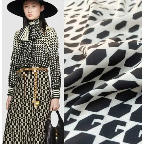 Geometry Positioning Satin Shirt Fabric 2021 Spring and Summer European and American Brand Show Custom Black and White Material