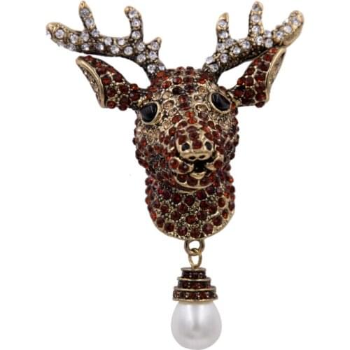 Christmas Deer Elk Crystal Rhinestone Moose Brooch Pin Animal Teardrop Pearl Vintage Jewelry Accessory Gift