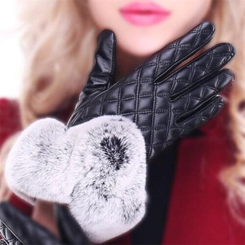 CUHAKCI Leather Faux Fur Black Wool Glove Thick Warm Winter Gloves Women Glove Winter Windproof Velvet Mittens Christmas Gifts