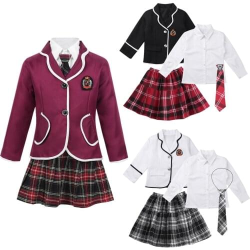 Children Kids Anime Student Cosplay Costume British Style School Girls Uniform Long Sleeve Coat With Shirt Tie Mini Skirt Set