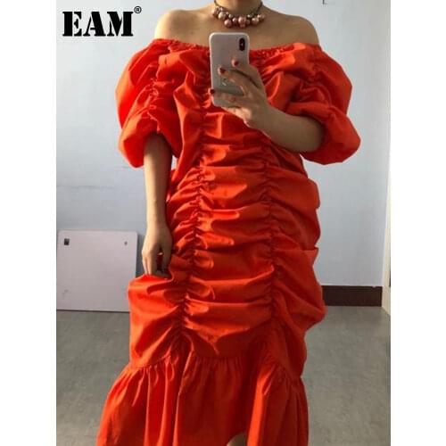 [EAM] Women Orange Pleated Split Joint Big Size Dress New Slash Neck Half Sleeve Loose Fit Fashion Spring Summer 2021 1T2011