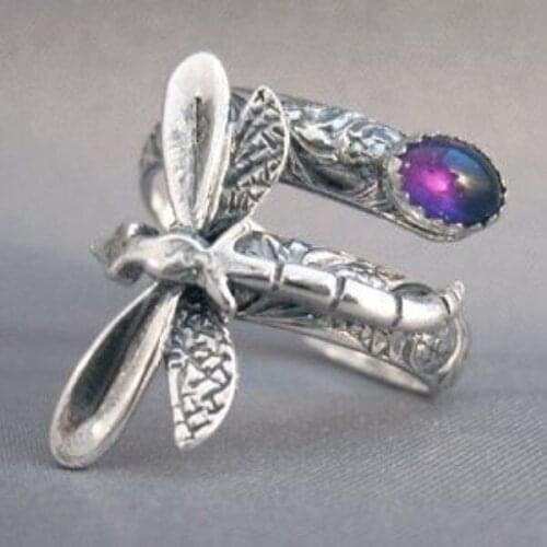 Unique retro natural gem Aquamarine Dragonfly ring womens anniversary Christmas gift size 6-10