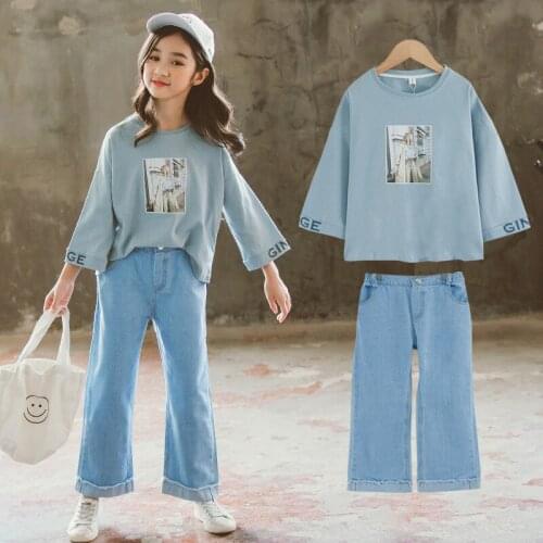 Girl Set Spring Autumn Kids Clothing Set 2021 Long Sleeve Sweatshirt+Jeans Pants 2 Pcs Teenage School Girls Tracksuit 4-12 Years