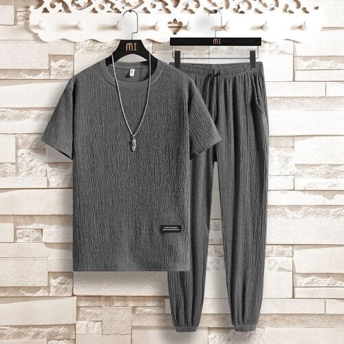 Two Piece Summer Ice Silk Casual Sports Suit Mens Korean Short Sleeve T-shirt Capris Fashion Jacket Tracksuit Men Military Gym