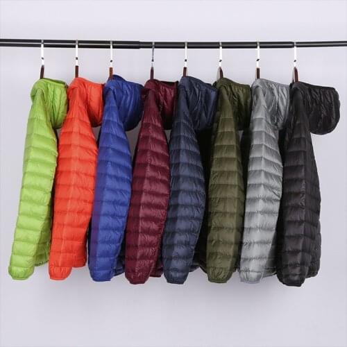Mens White Duck Down Hooded Down Jacket Fashion Casual Winter Portable Thin and Light Warm Coat Male Brand Clothes 7 Colors