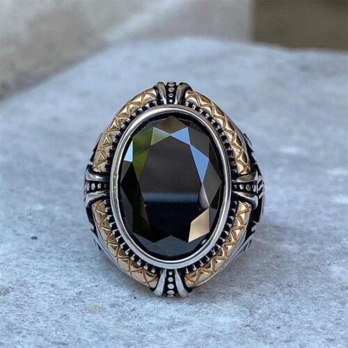Handmade Ottoman Sign Green Gold Zircon Man Silver Ring, Oval Zircon Silver Men Ring, Silver Zircon Man Ring