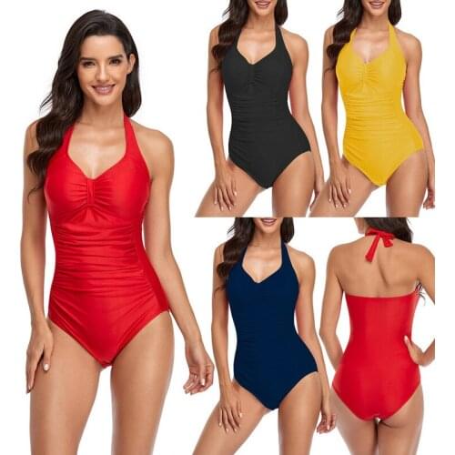 2021 New One Piece Swimsuit Halter Swimwear Women Classic Solid Bathing Suits Female Beachwear Backless Slim Swim Wear 2XL