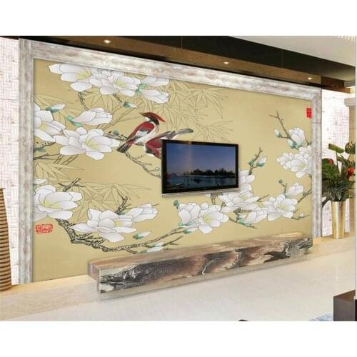 Beibehang customize living room background wallpaper hand painted bamboo magnolia flower, Flowers and birds wall paper behang