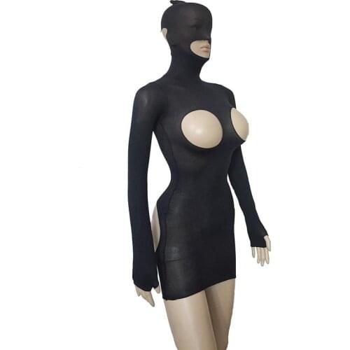 Sexy Women Fantasy Sheer Mesh Hooded Open Breast Open Butt Stretchy Micro Cupless Mini Dress Long Sleeve Bodysuit Lingerie
