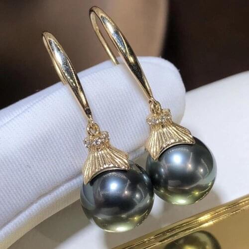 D410 Pearl Earrings Fien Jewelry Solid 14K Gold Natural 10-11mm Ocean Sea Water Round Tahiti Pearls Earrings for Women