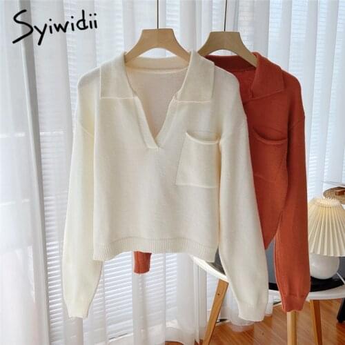 Syiwidii Orange Cropped Sweater Womens Pullover Fall 2021 Fashion Casual Turn-down Collar Short Slim Skinny White Green Tops New