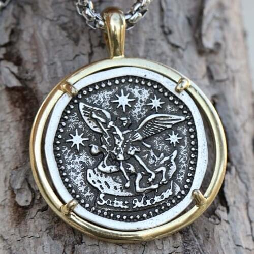 Tkuamigo Archangel St. Michael Pray For Us Mens Medal Religious Pendant Catholicism Patron Shield Protection Necklace Dropship