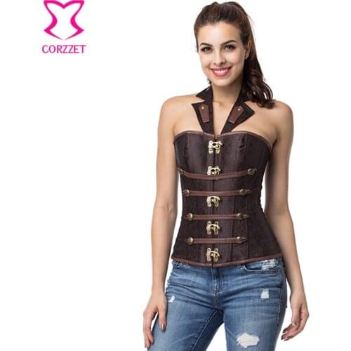 Women Shapewear Halter Neck Brown Corset Top Overbust Corpete Corselet Sexy Steampunk Costume Steel Boned Corsets And Bustiers