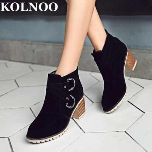 KOLNOO Retro Handmade Womens 5cm Blocked Heels Boots Cross Buckle Straps Work Ankle Booties Vintage Fashion Winter Short Shoes