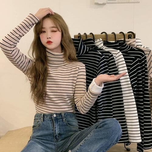 Woman Tshirts Womens Autumn and Winter Turtleneck Top Long-Sleeved Striped T-shirt Ropa Mujer Camisetas