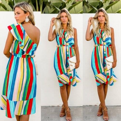 Women 2019 One Shoulder Dresses New Holiday Clubwear Autumn Striped Long Boho Dress Lady Formal One Shoulder Dress HOT
