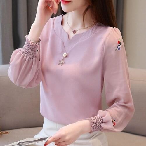 Embroidery Women Spring Autumn Style Chiffon Blouses Shirts Lady Casual Long Sleeve O-Neck Chiffon Blusas Tops DF3780