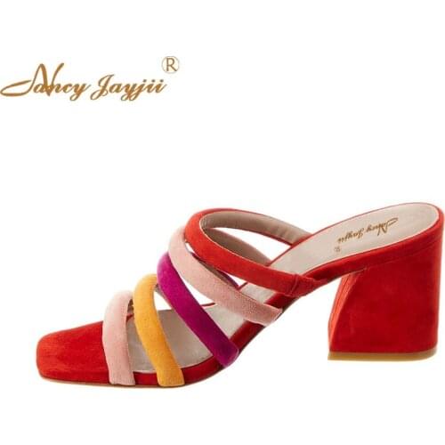 Women Slippers Female Adult Ladies Shoes Flock Mixed Colors Super High Square heels Outside Novelty Fashion Mature Slides