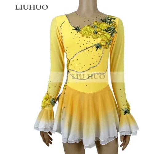 Figure Skating Dress Womens Girls' Ice Skating Dress Competitive performance clothing Long sleeve Yellow Flower decoration
