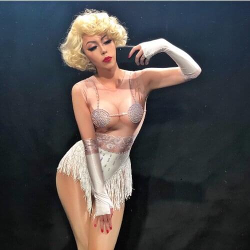 2020 Women White Tassel Sexy Bodysuit Sparkling Rhinestone Chest Nightclub Party Stage Wear Costumes Dancer Singer Performance