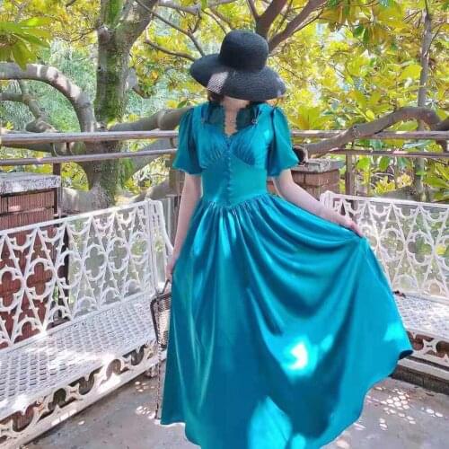 2021 spring and summer dress peacock blue silk face organza embroidery wings bubble short-sleeved dress women