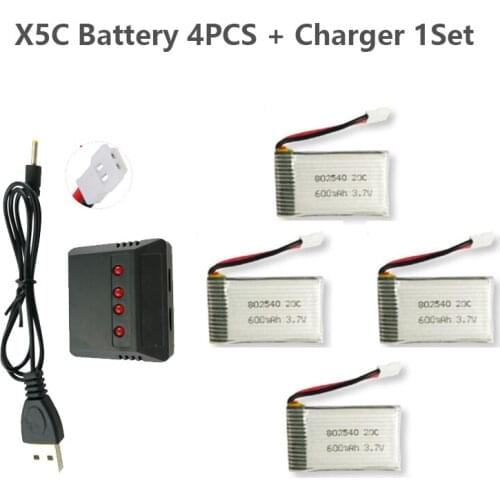 4PCS 3.7V 600mAh battery + 1 Charger Set for RC Drone Quadcopter X5C X5SW HQ905 M68 Replacement Accessories