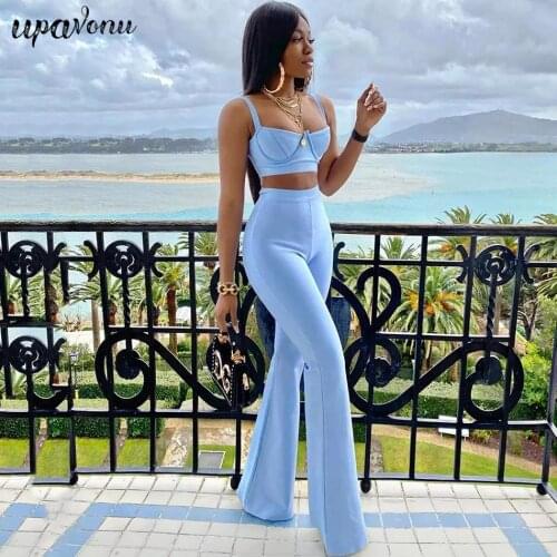 Free Shipping Bandage Set 2 Pieces Strap Sleeveless Bustiers And Long Bell-Bottoms Trousers Sexy Celebrity Party Sheath Vestidos