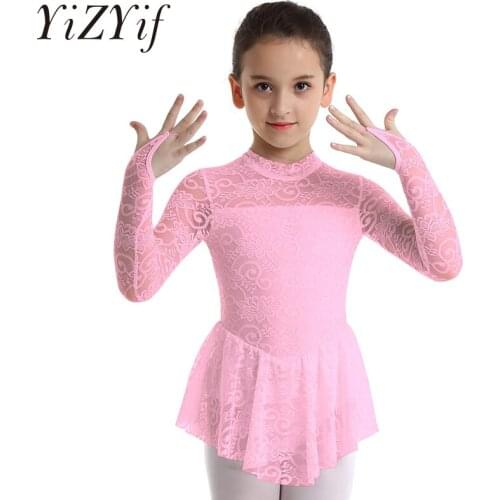 Kids Figure Ice Skating Dress Girls ballet Dress Long Sleeves Mock Neck Floral Lace Ballet Leotard Dress Kids Ballet Dance Dress