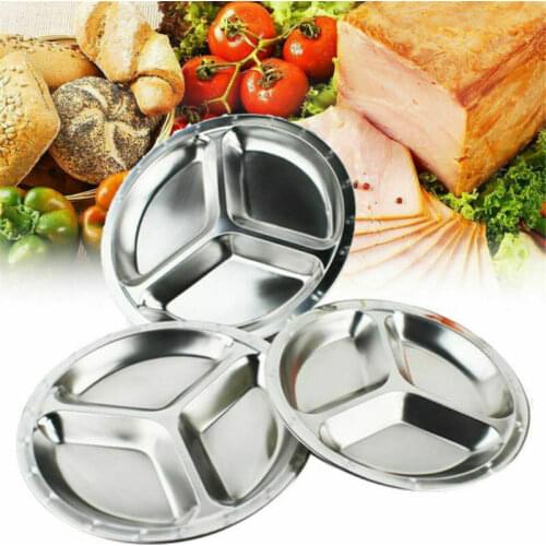 Dia 22/24/26cm Stainless Steel 3 Sections Round Divided Dish Snack Dinner Plate