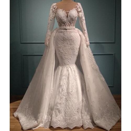 Gorgeous Mermaid Wedding Dresses with Detachable Train Sheer Neck Long Sleeve Bridal Wedding Gowns Lace Appliques Bride Dress
