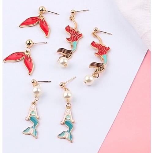 Fashion Creative Cartoon Mermaid Earrings Cute Mini Girl Heart Fish tail Pearl Small Stud Earrings New Earrings