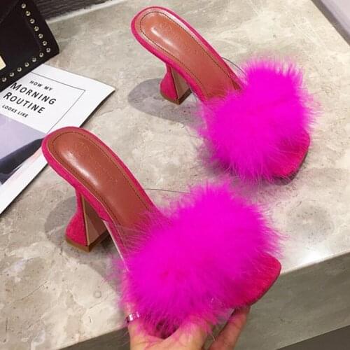 New Summer Women Mules Rose Red Furry Hoof Heels Sandals Lady Fur Slides Outdoor Slippers Female Sexy Party Wedding Mules Shoes