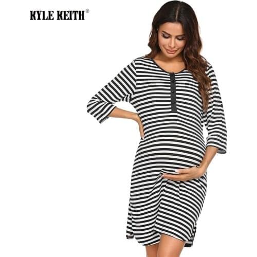 Maternity Nursing Dress Maxi Half Sleeve Fall A Line Breastfeeding Clothes Pregnant Women with Button Striped Dresses