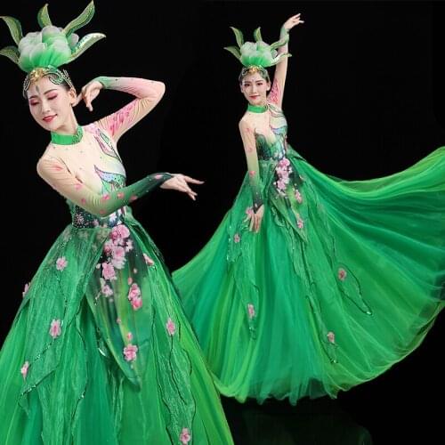 Flamenco Dress Women Classical Dance Costume Concert Outfits Long Dress Performance Costume Green Ballroom Dance Wear DL7409