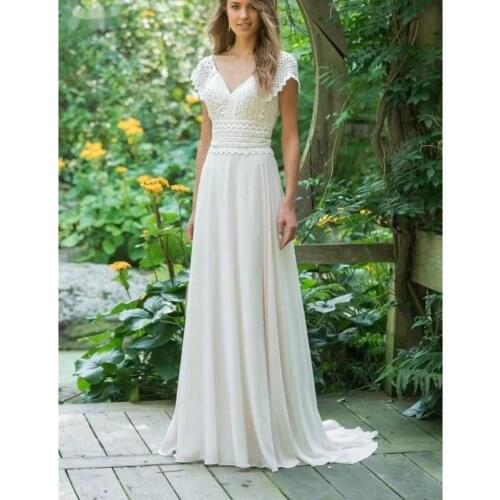 Sexy V Neck Chiffon Beach Wedding Dress Lace Court Train Bride Dresses Plus Size Vestido De Noiva Open Back Floor Length Gowns