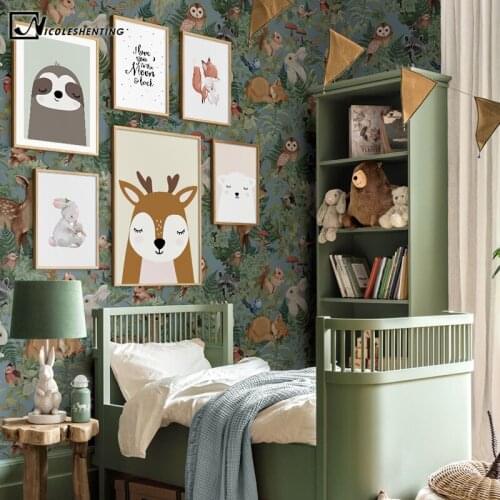 Deer Fox Cartoon Animal Poster and Print Nursery Decor Art Canvas Painting Picture on the Wall Child Baby Kids Room Decoration