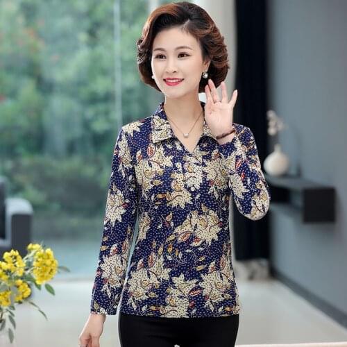 Long Sleeve Casual Tshirt Mother Tops Turn-down Collar Print Spring Pullover T-shirts Fashion Plus Size 5XL Middle Age Women Tee
